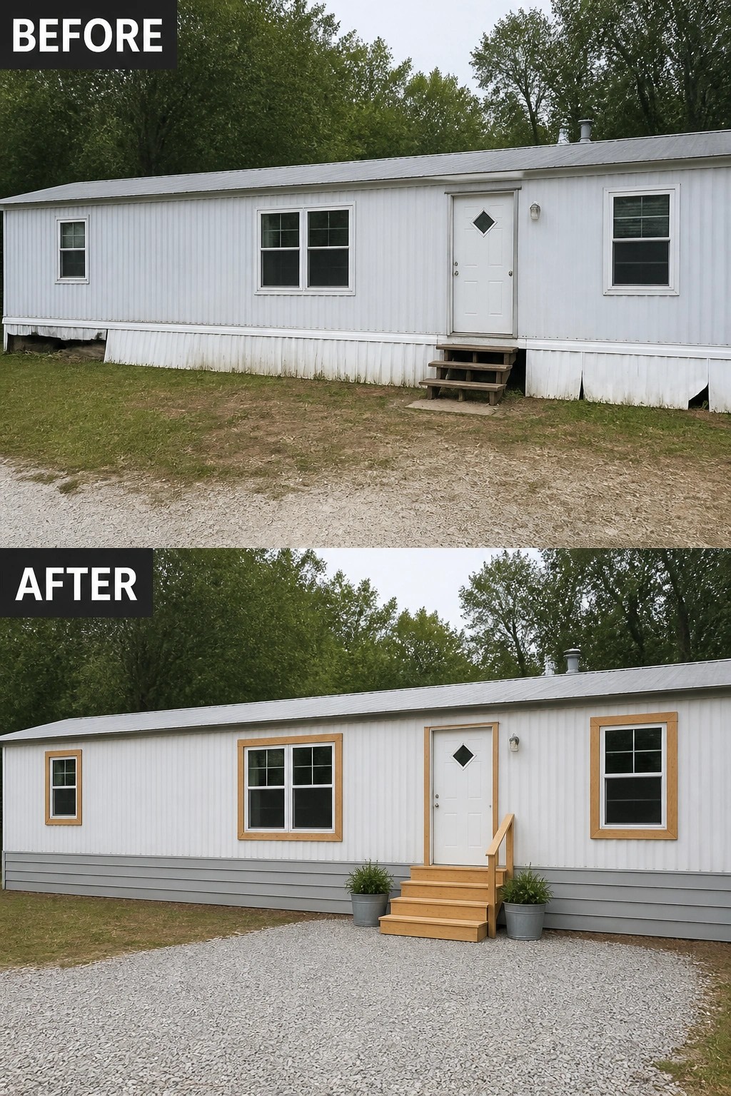 Before-and-after image of a mobile home updated with new wood trim around windows and door, replaced skirting, and a small wooden entry stair with planters.