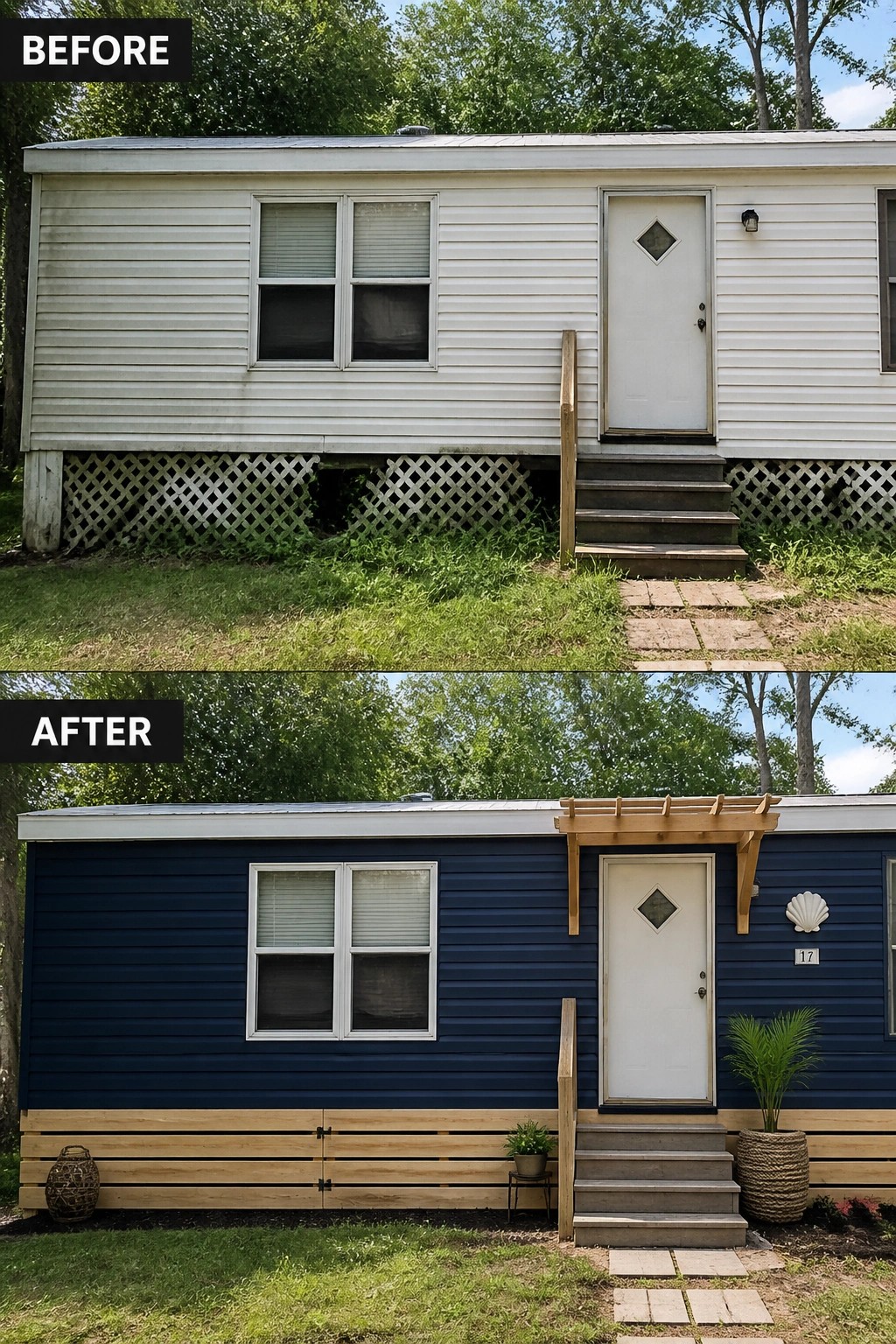 Before-and-after image of a trailer exterior updated from plain white siding and lattice skirting to navy painted siding with natural wood slatted skirting and a small timber awning.