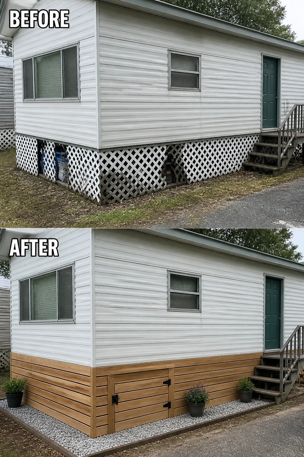 Before-and-after image of a trailer where damaged white lattice skirting is replaced by horizontal