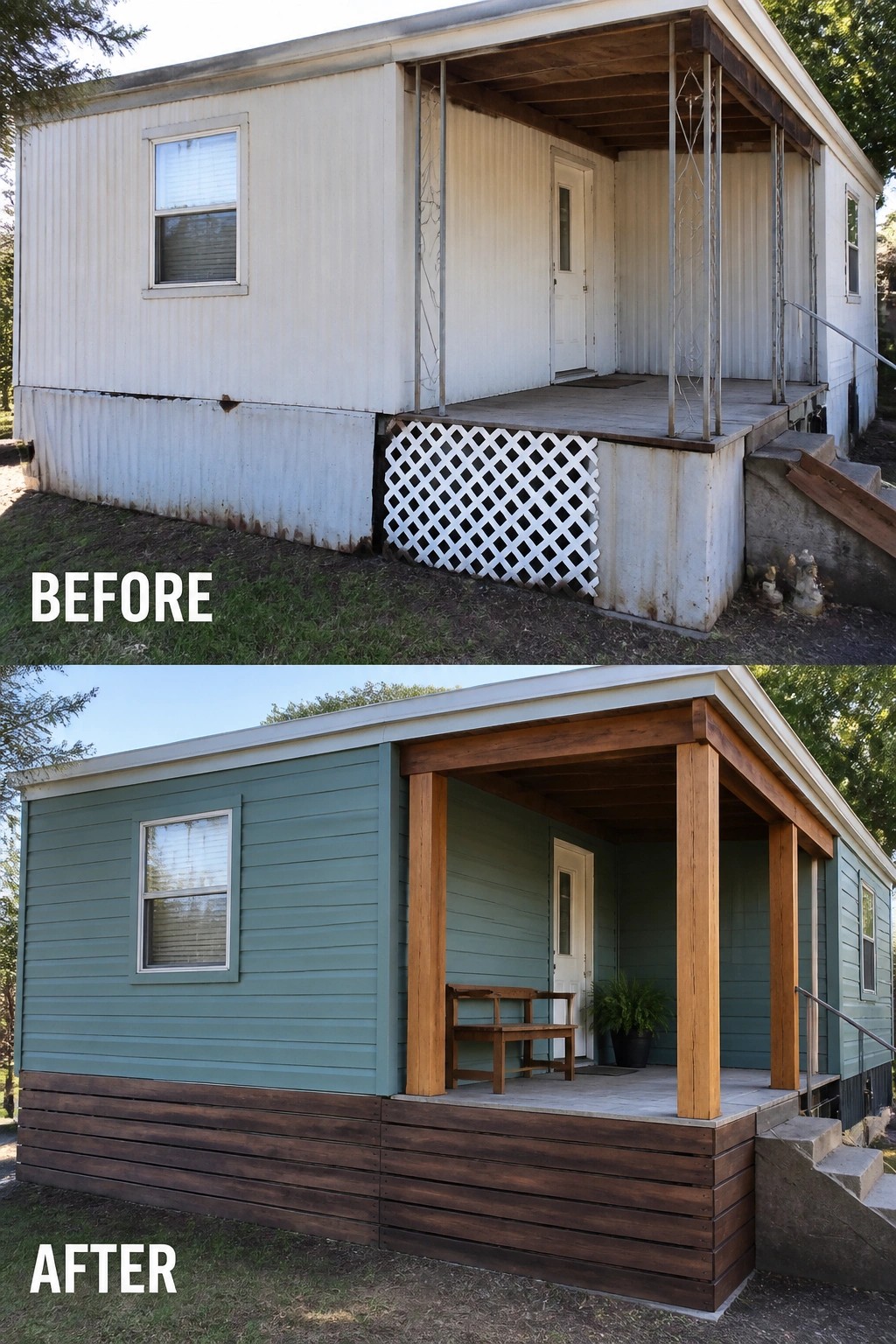 Before-and-after image of a trailer exterior updated with painted horizontal siding, timber porch posts, and stained wood skirting.