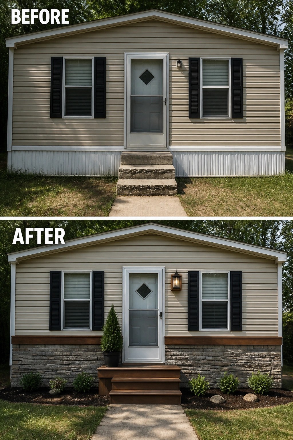 Before-and-after image of a plain trailer front updated with stone-look skirting, new wooden steps and trim, and minimal plantings.
