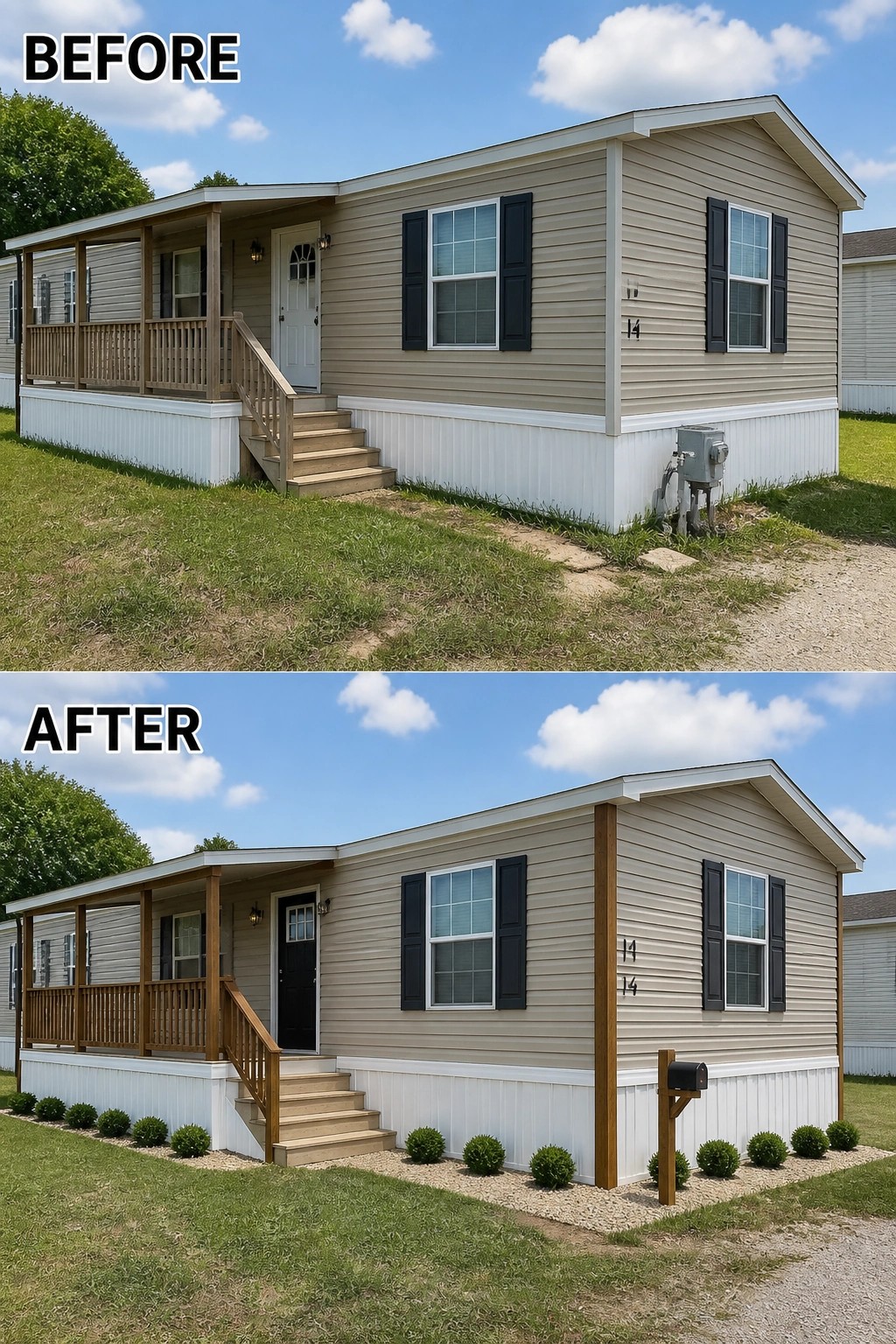 Before and after beige mobile home with wooden porch, black shutters, shrubs.