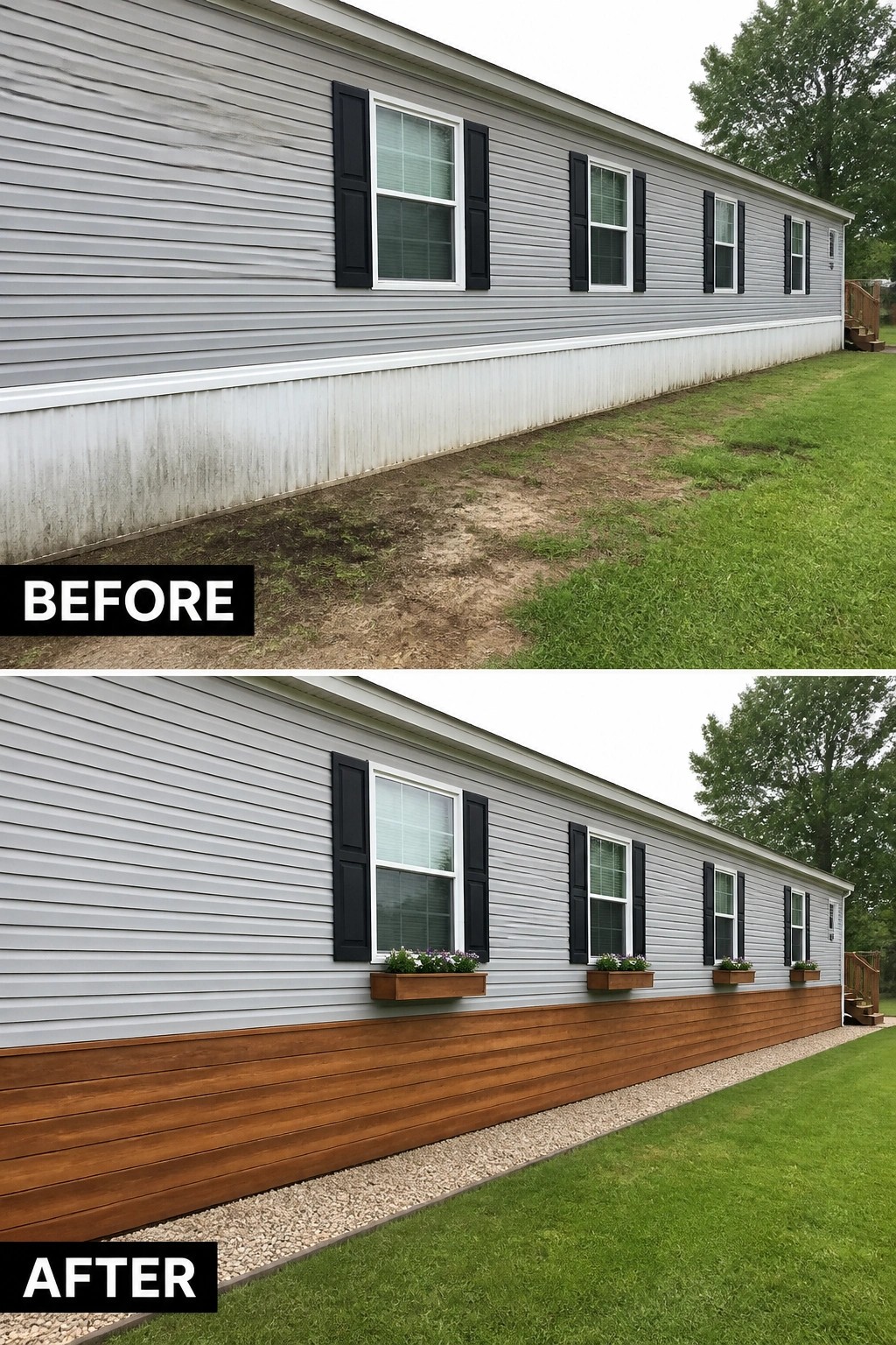 Before-and-after image of a mobile home where dirty white vinyl skirting is replaced with horizontal wood cladding, gravel edging, and window planter boxes.