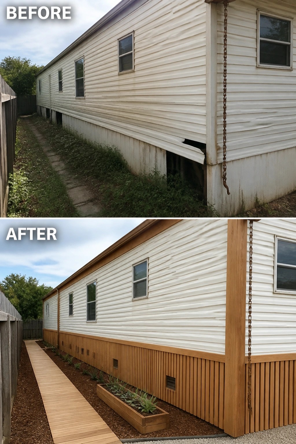 Before-and-after image of a mobile home exterior updated with vertical wood skirting, wooden trim posts, and a neat boardwalk and planter.