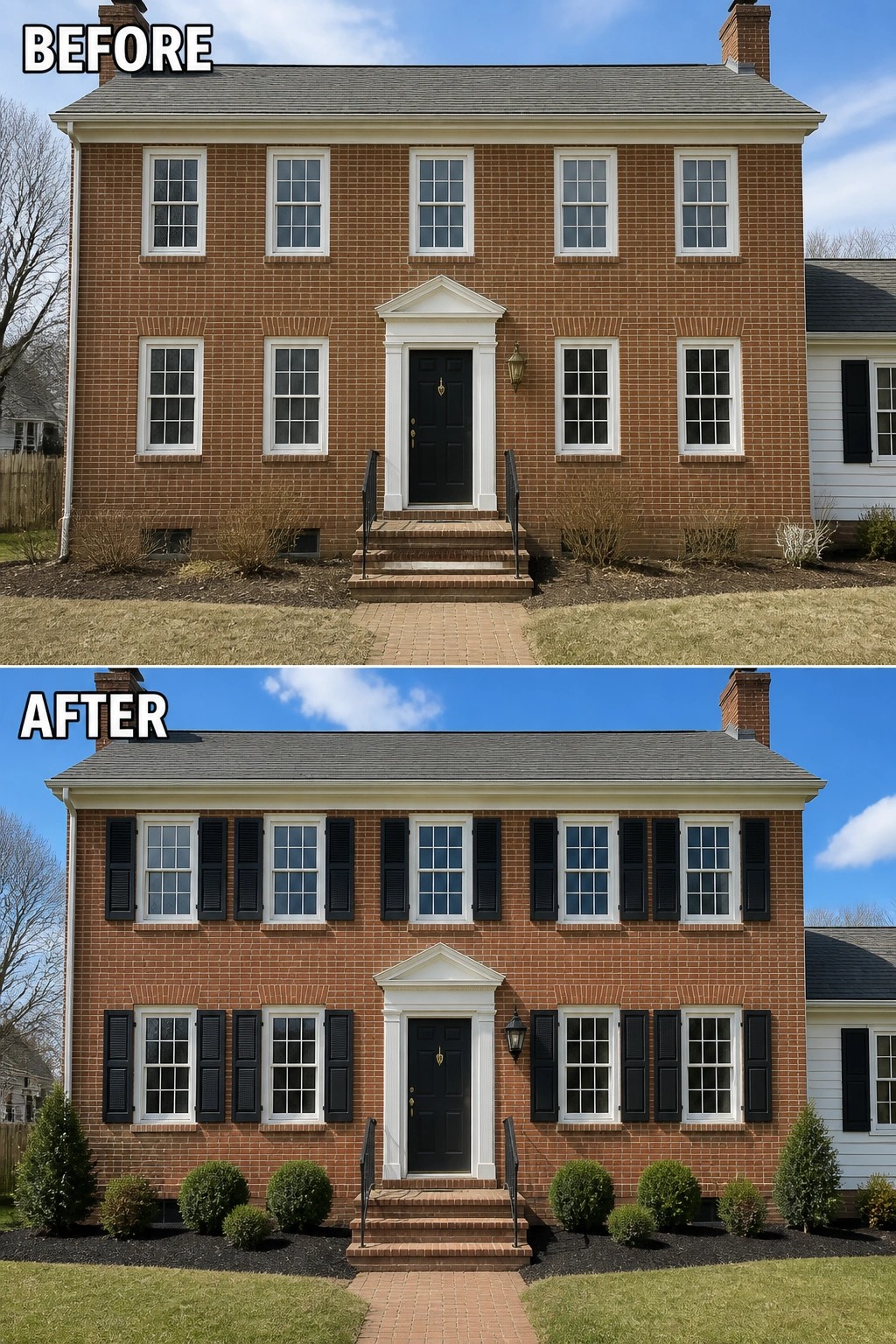 Before-and-after image of a brick house facade updated by adding black window shutters and a neat planted bed with trimmed evergreen shrubs and fresh mulch.