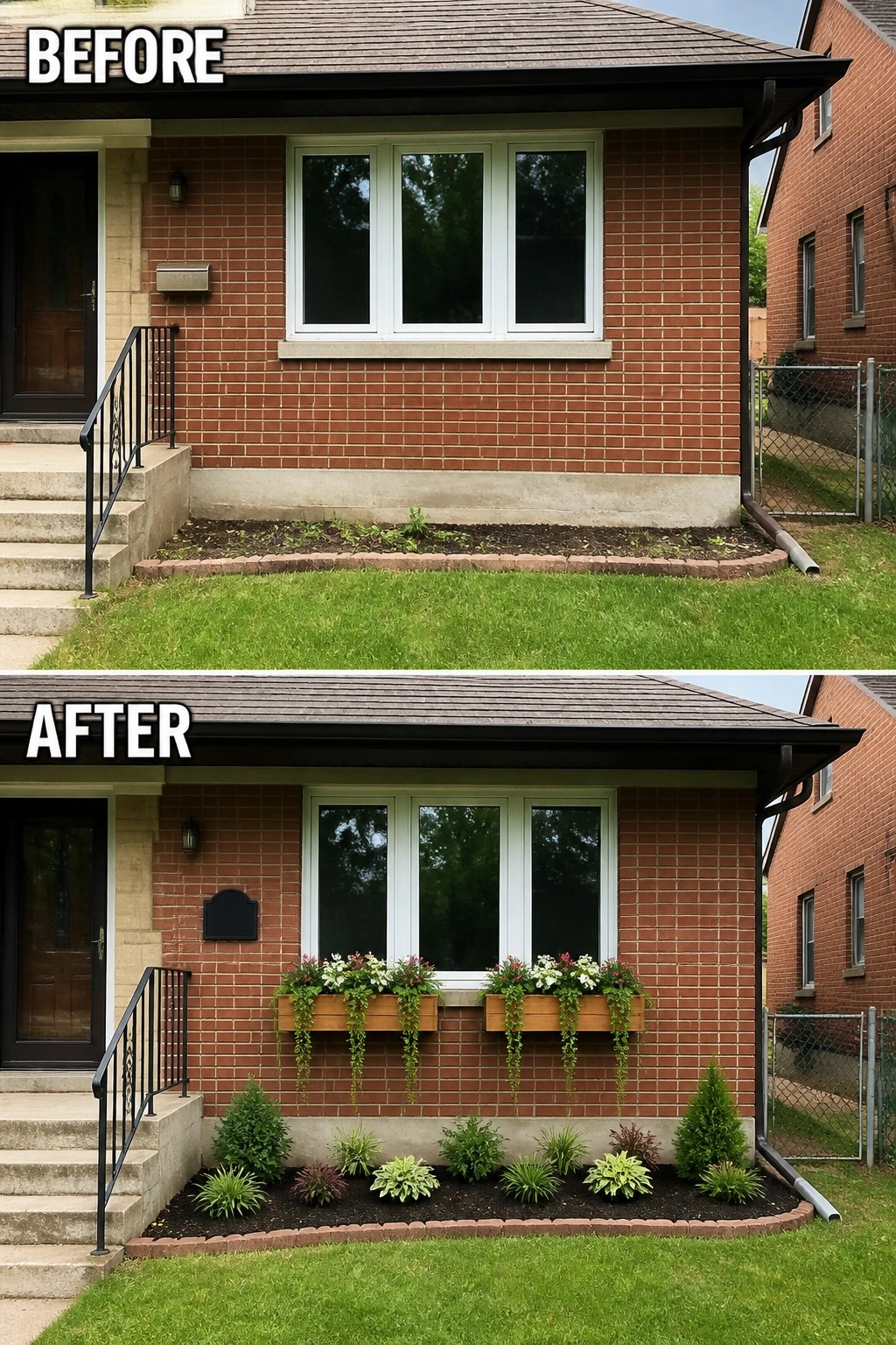 Before-and-after image of a red brick house front showing an empty planting strip replaced by wooden window boxes and a neatly planted flower bed.