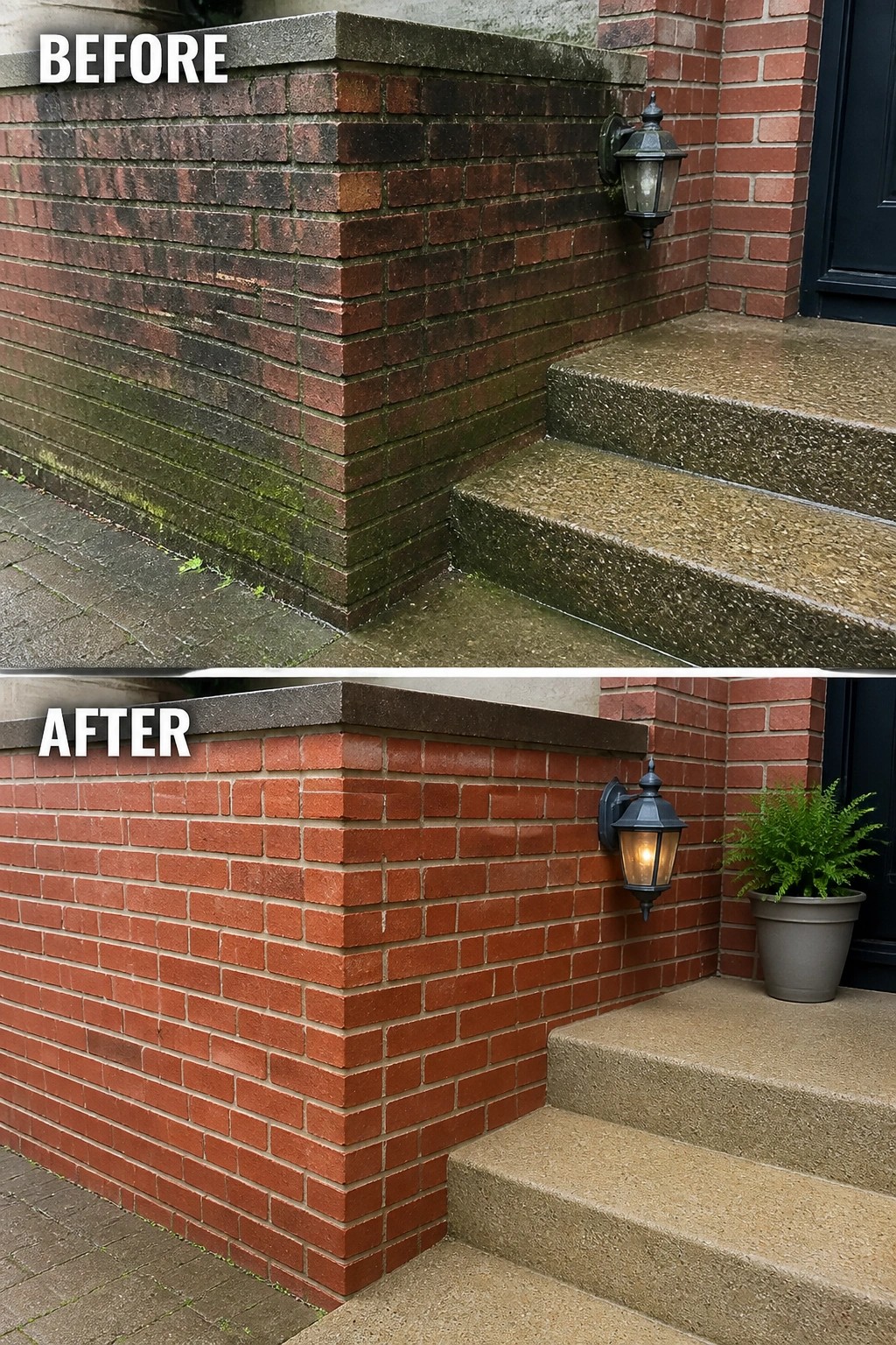 Before-and-after image of a front entry brick wall showing mossy, dark-stained bricks cleaned