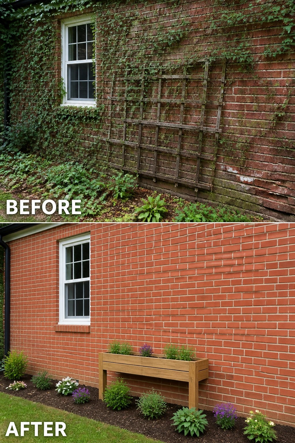 Before-and-after image of a red brick house exterior showing an ivy-covered, overgrown wall cleared and replaced with a clean brick wall, a mulched planting bed with low shrubs, and a wooden planter.