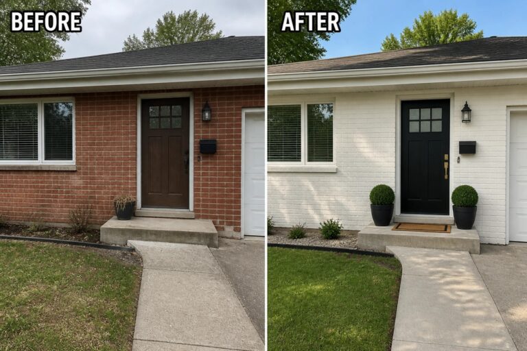 23 Beautiful Brick House Exterior Makeover Ideas for Updating Red Brick Before-and-after image of a red brick house facade painted white with a new black front door, matching planters, and a clean gravel bed.