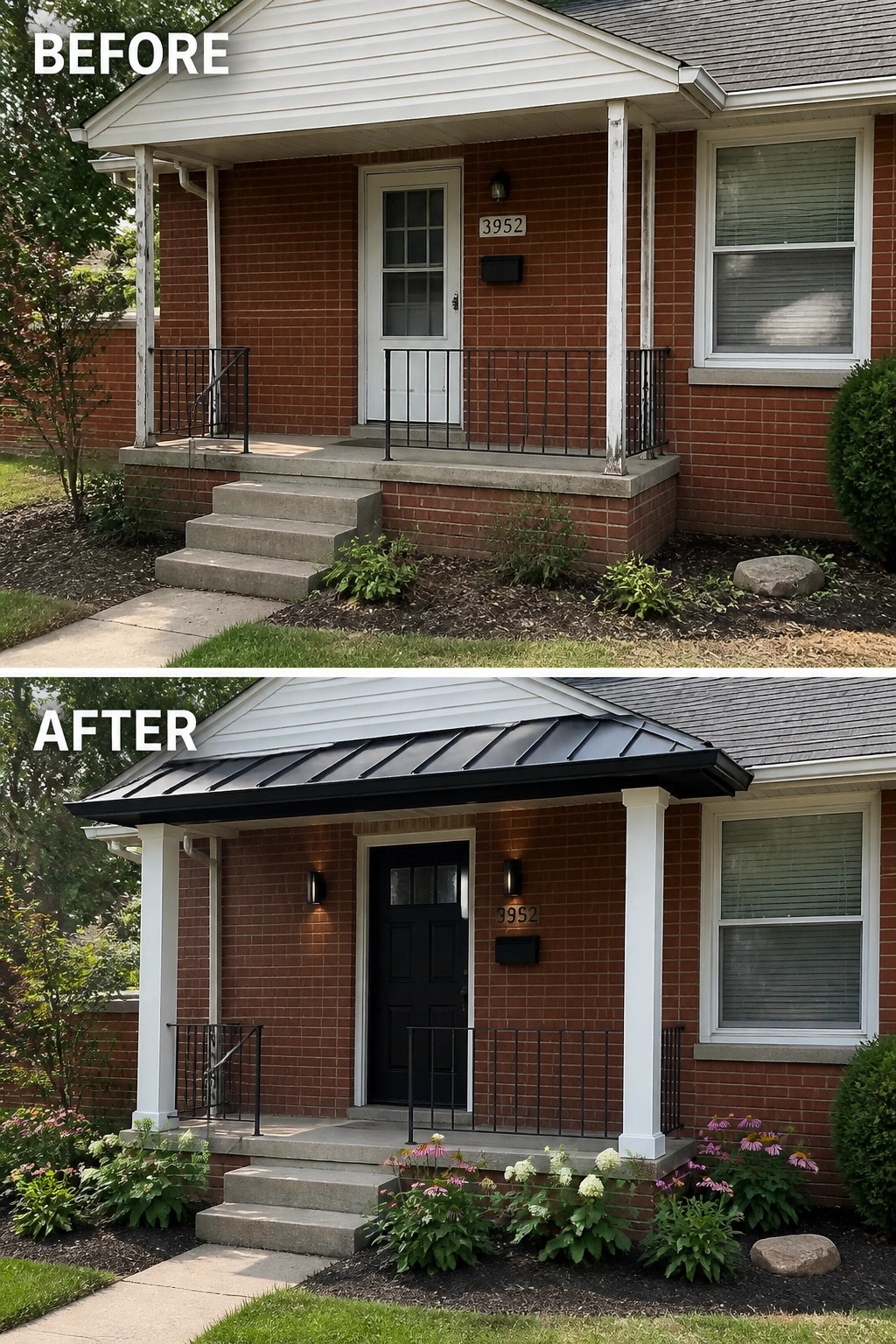 Before-and-after image of a small brick front porch updated by replacing the storm door with a solid dark front door and adding new lighting and plantings.