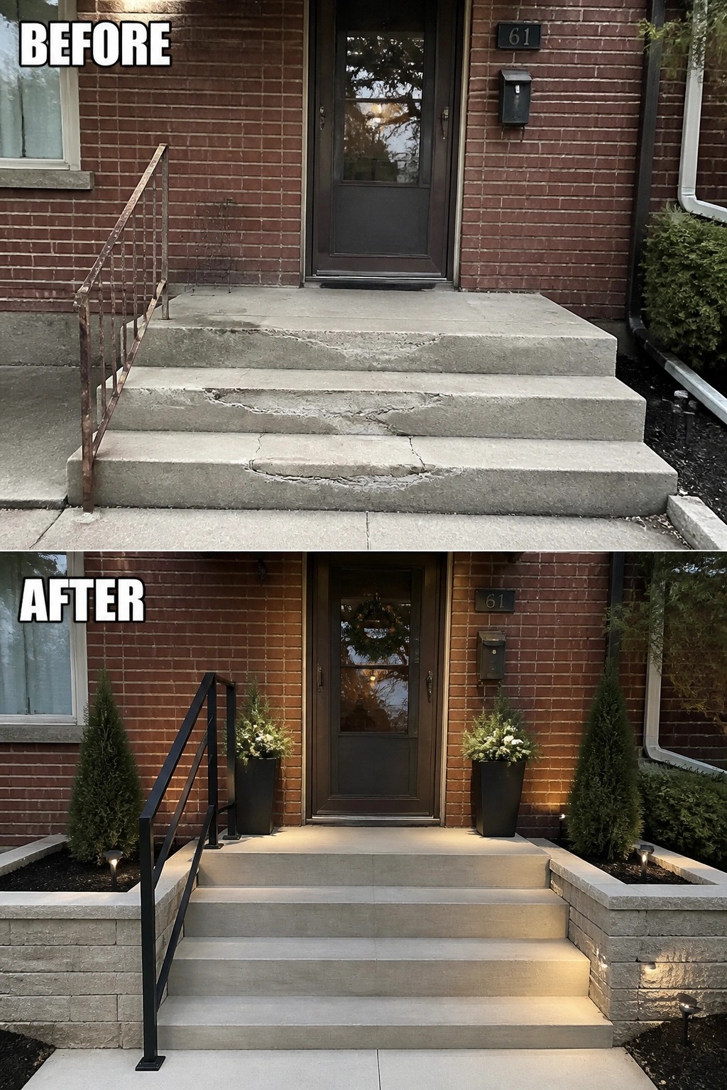 Before-and-after brick entry: cracked concrete steps replaced with stone steps, black railing, lighting.