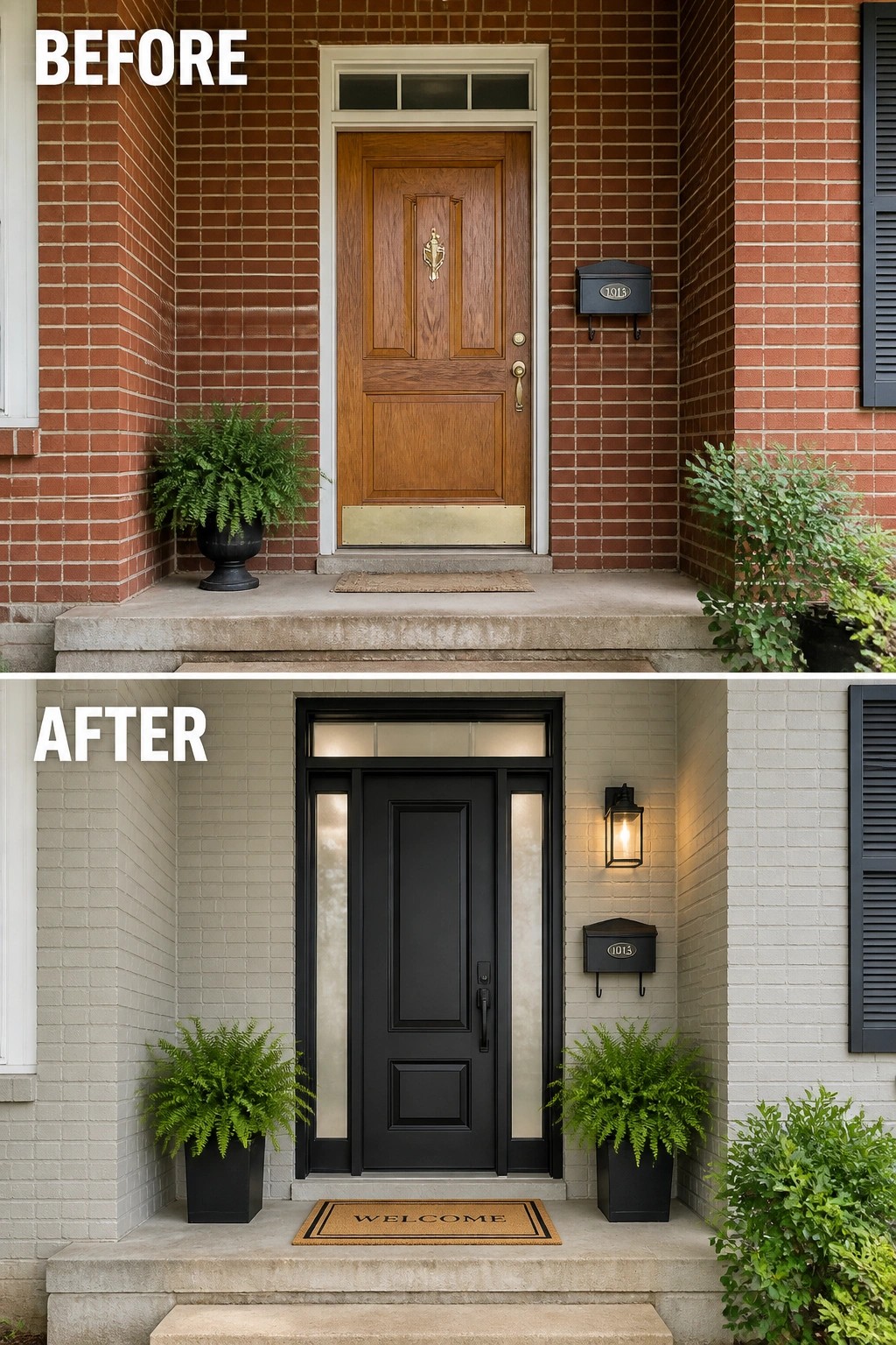 Before-and-after image of a red brick front porch updated with a dark painted front door and matching planters to create a defined, welcoming entry.