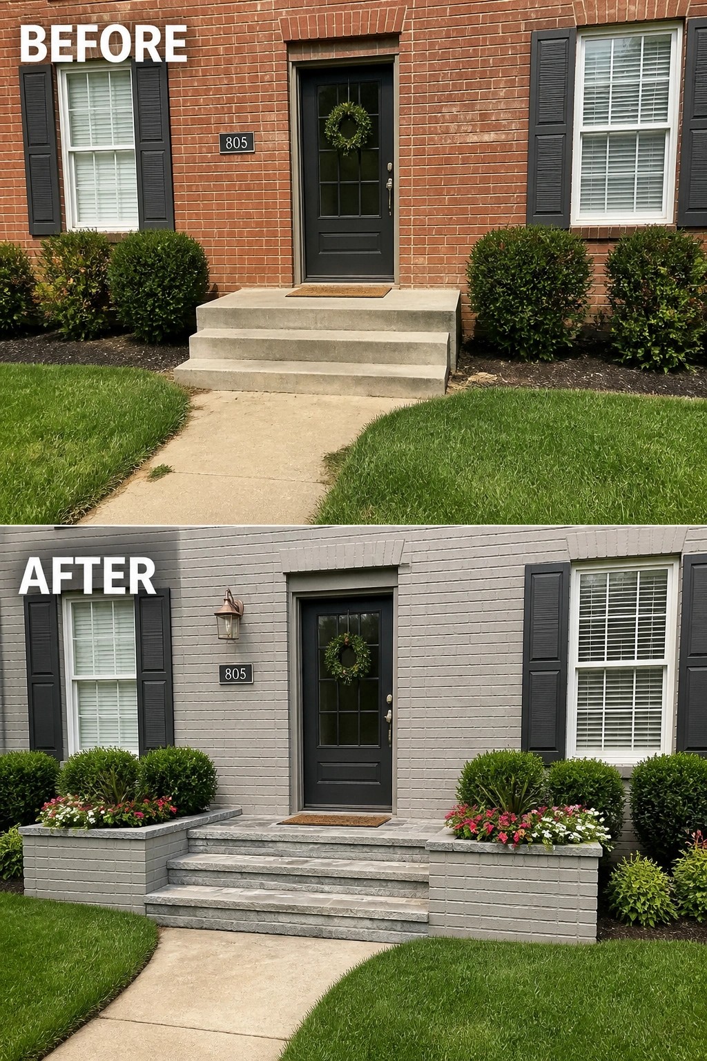 Before-and-after image of a red brick front entry updated with painted gray brick, new stone steps, flanking brick planters with flowers, and an outdoor wall light.