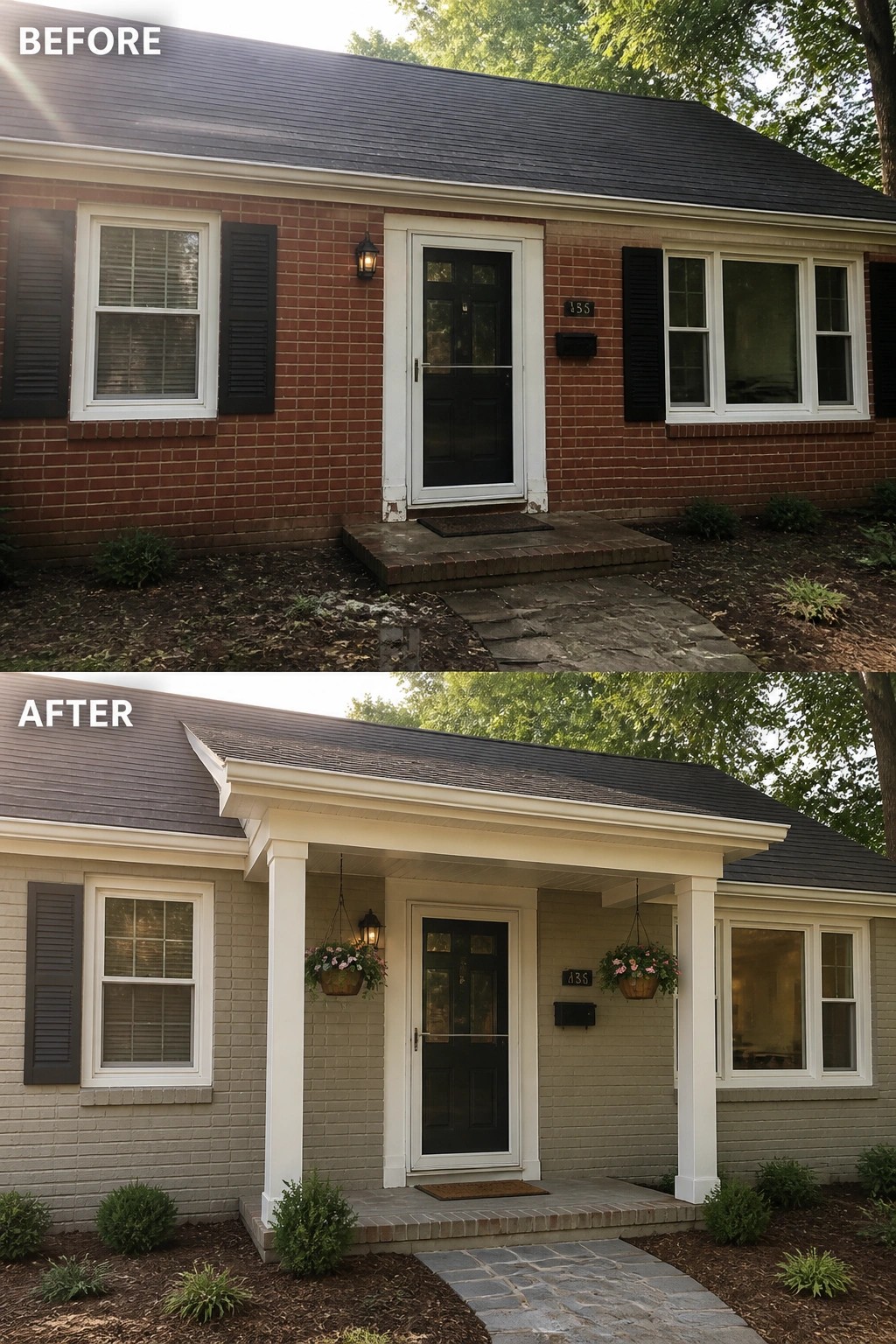Before-and-after image of a red brick house front updated with painted brick, a new covered porch supported by white columns, and simple plantings.