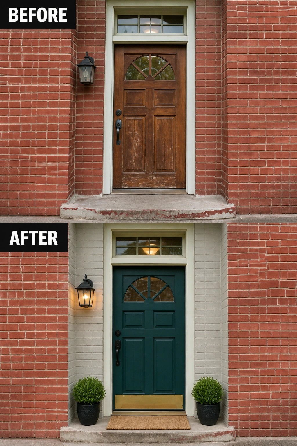 Before-and-after image of a red brick front entry updated with a painted dark green door, new trim and lighting, and potted plants at the step.