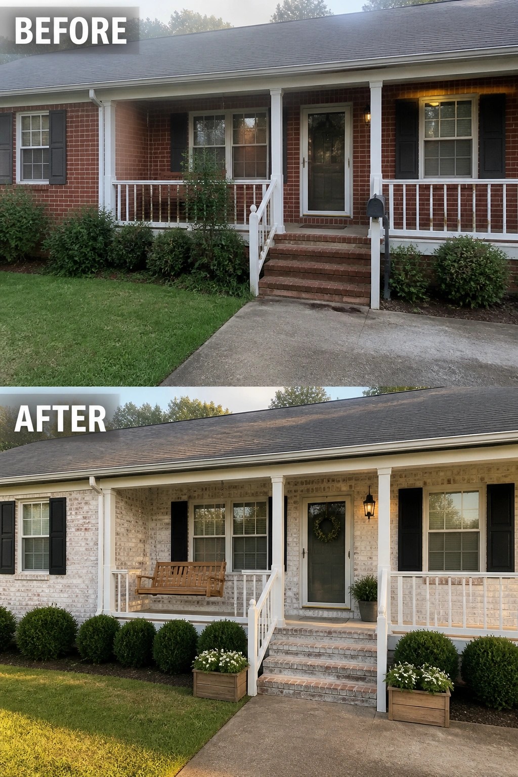 Before-and-after image of a red brick front porch updated by lightening the brick with a whitewash and adding simple planters and fresh trim.