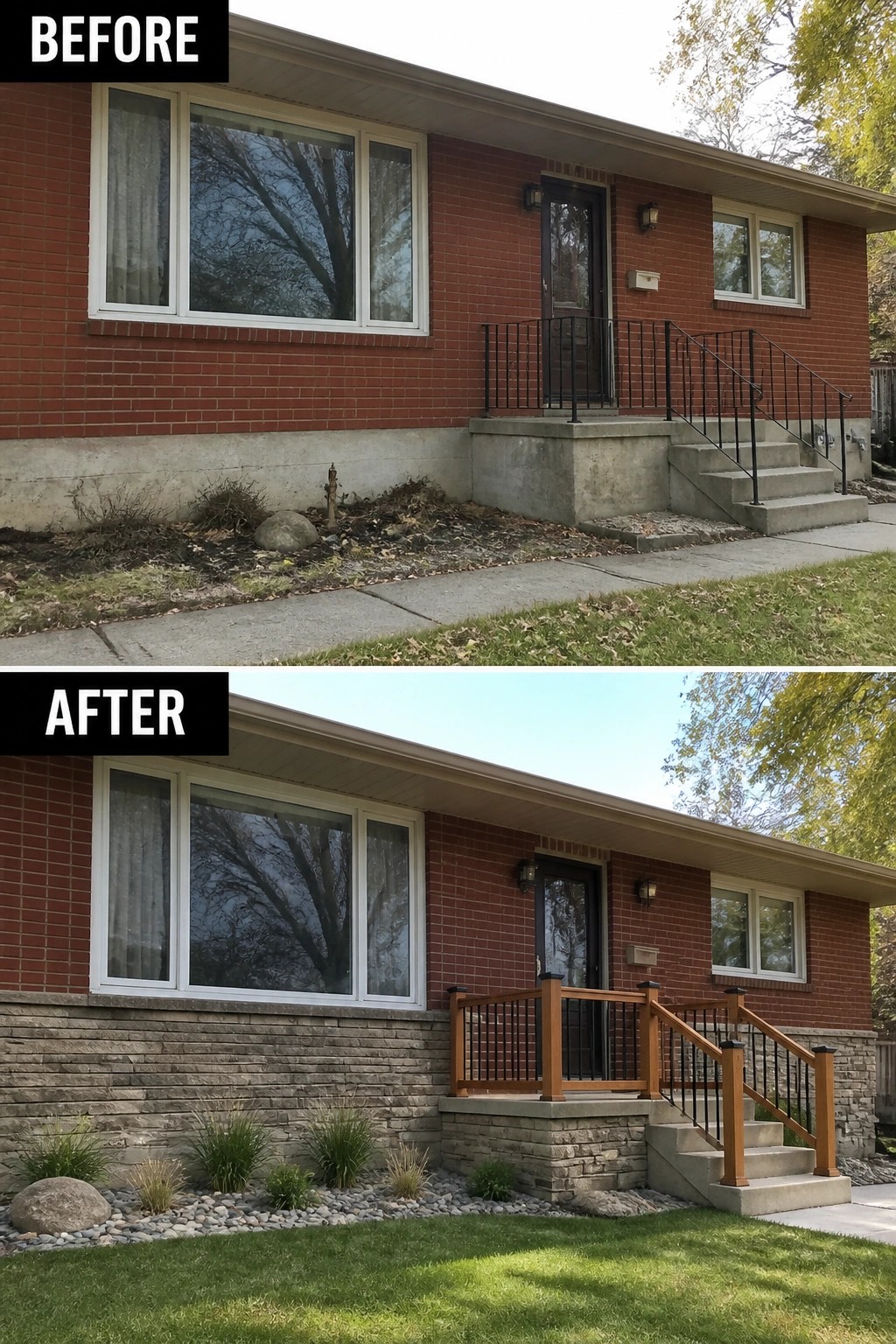 Red-brick ranch house before/after porch redo: concrete foundation to stone veneer, wood railing, landscaping.