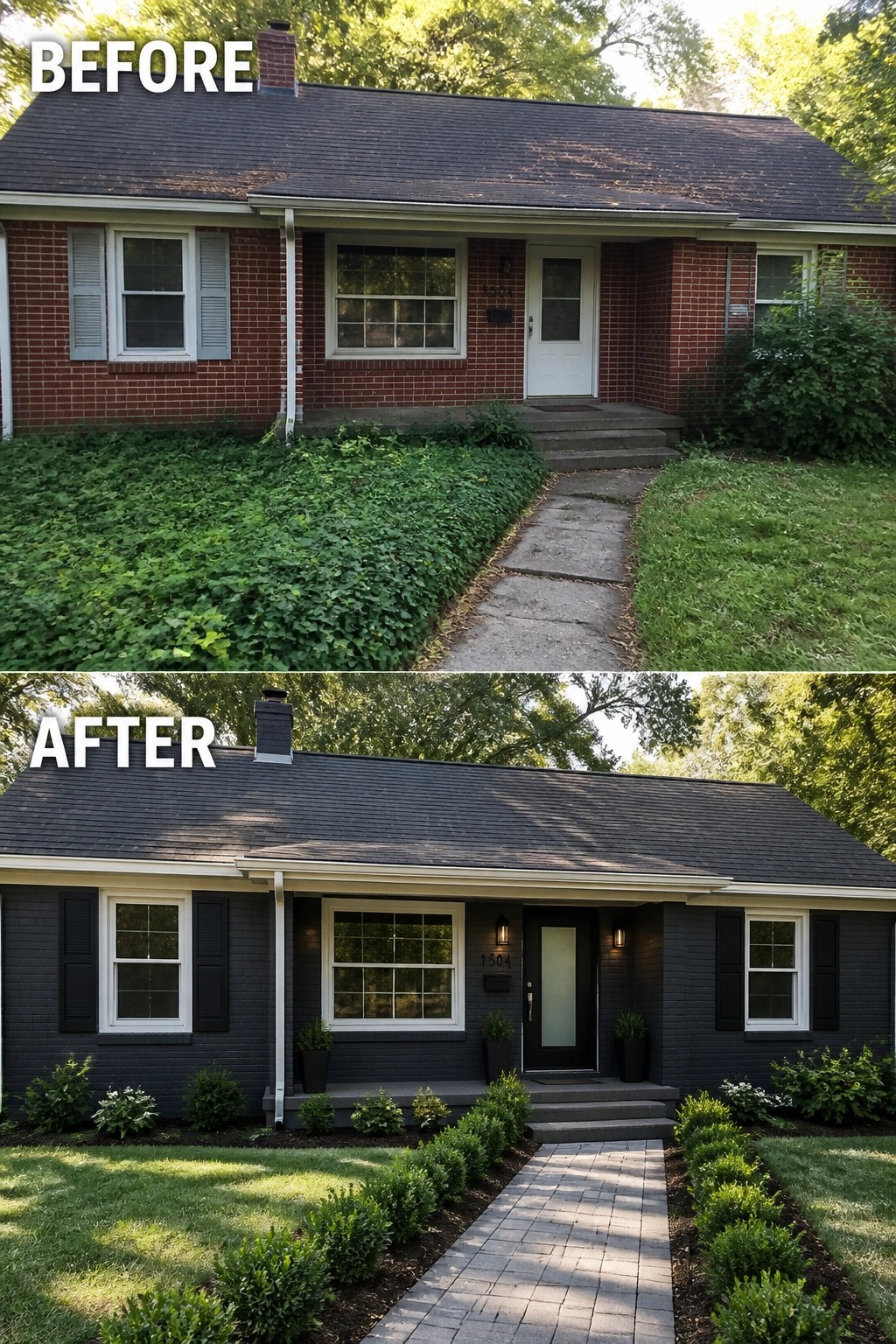 Side by side before and after house: red brick overgrown yard; dark gray, manicured landscaping.