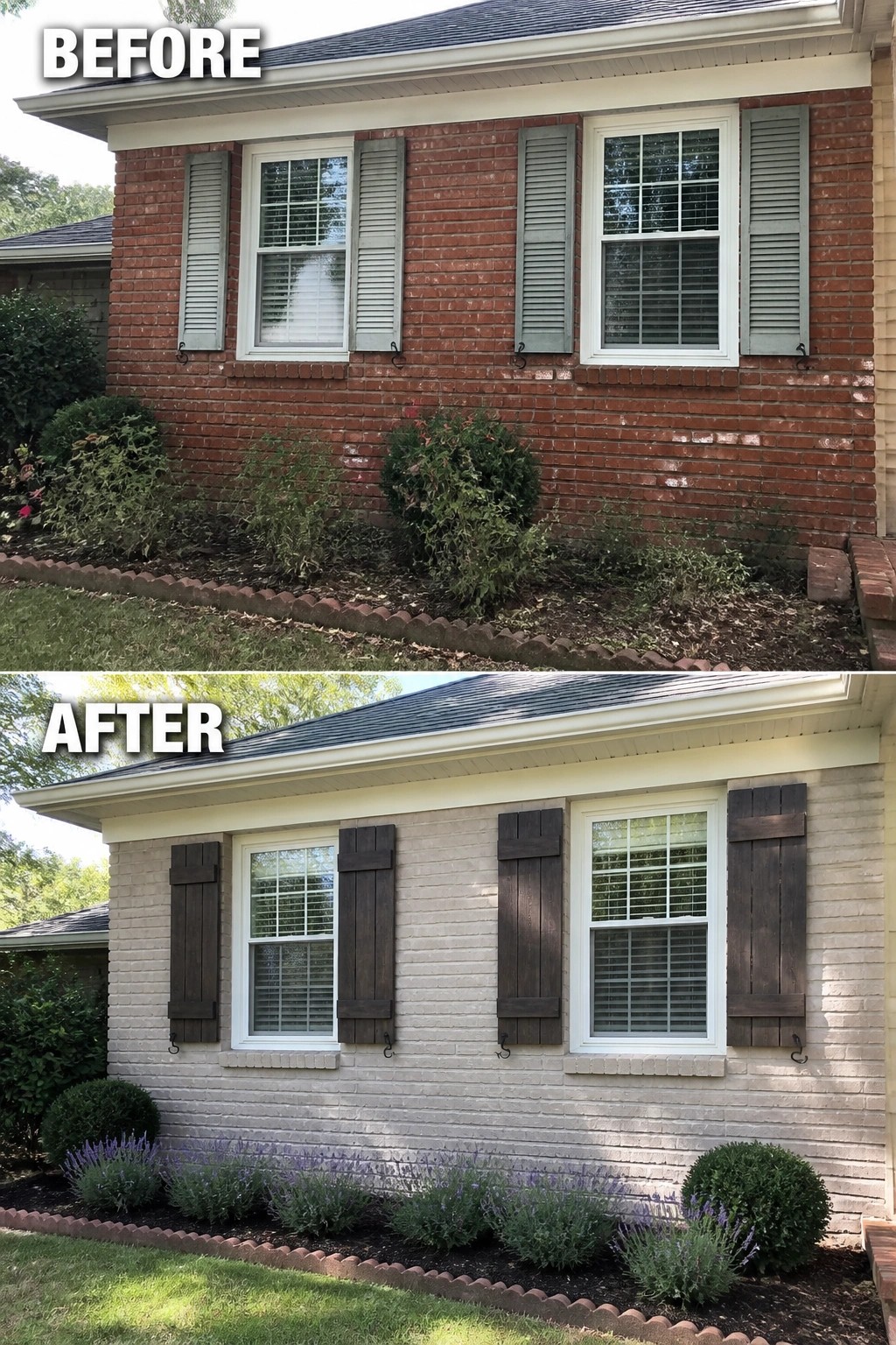 Before-and-after image of a red brick house updated by painting the brick a pale neutral and installing dark wooden shutters.