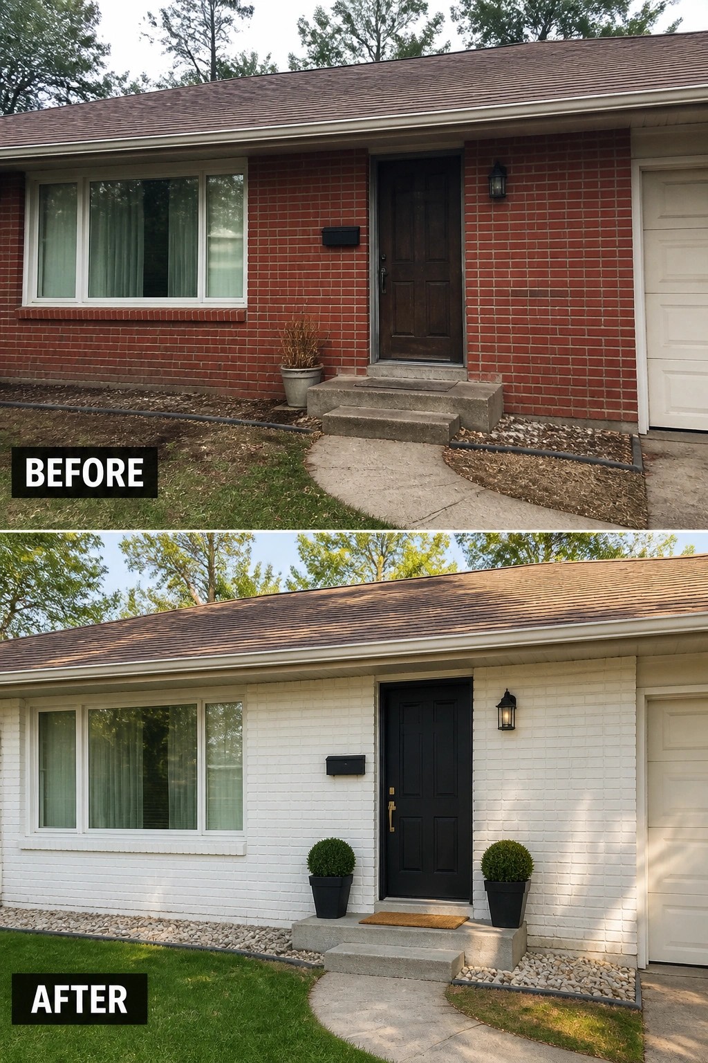 Before-and-after image of a red brick house facade painted white with a new black front door, matching planters, and a clean gravel bed.