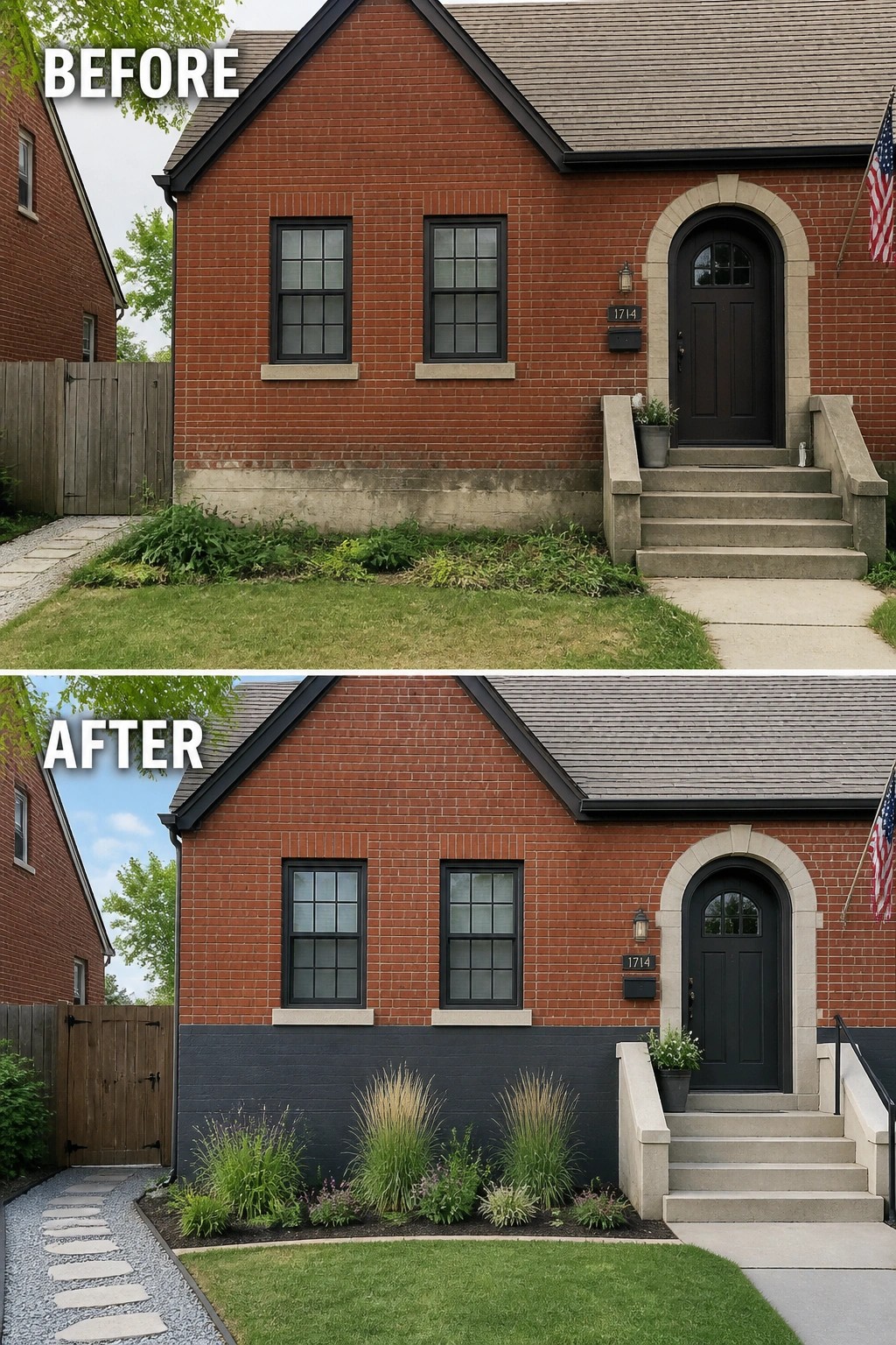 Before-and-after image of a red brick house where the lower brick was painted dark and a new planted border and stone path were added.