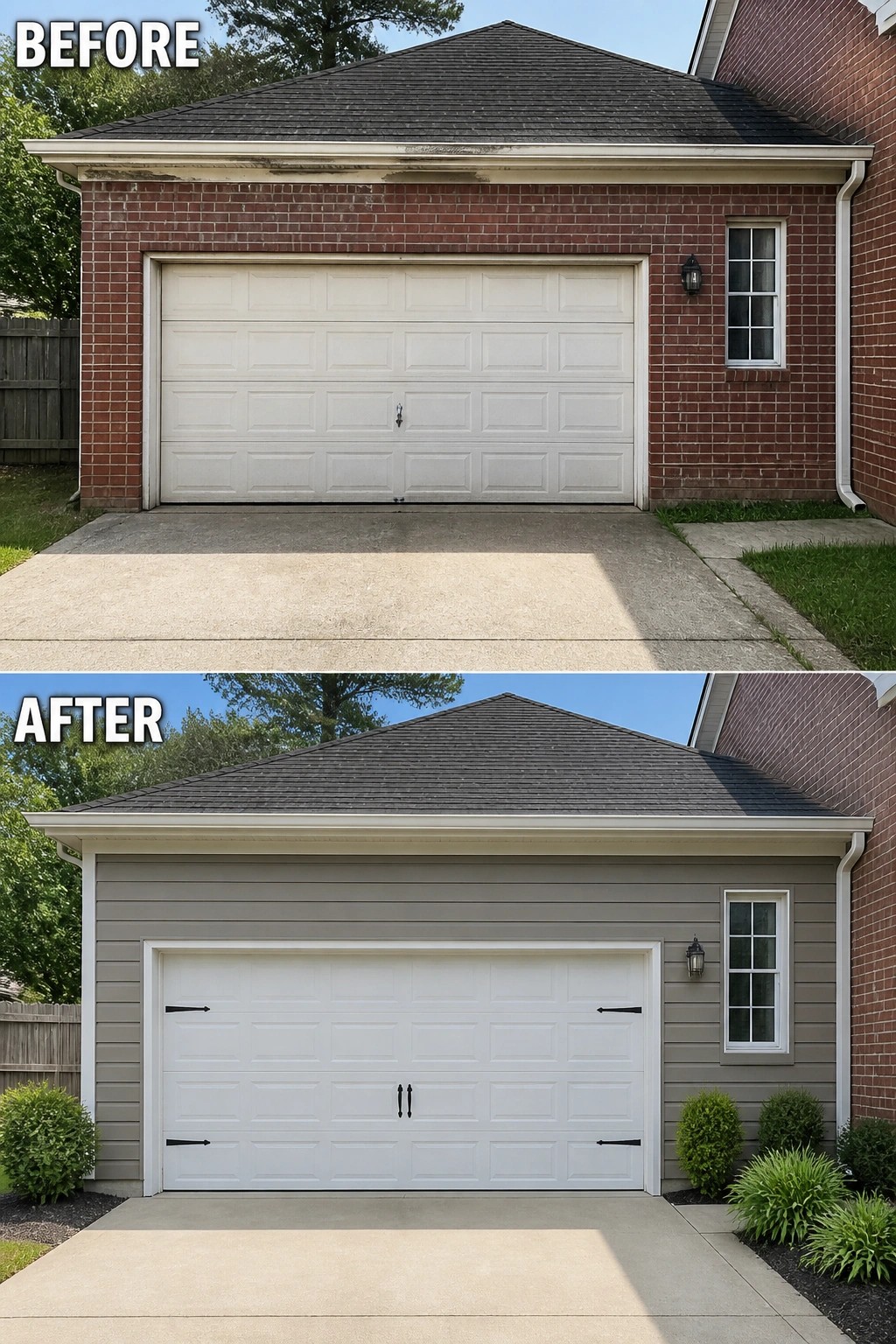 Before-and-after image of a red brick garage updated by adding neutral horizontal siding and white trim around the garage door, plus new hardware and small shrubs.