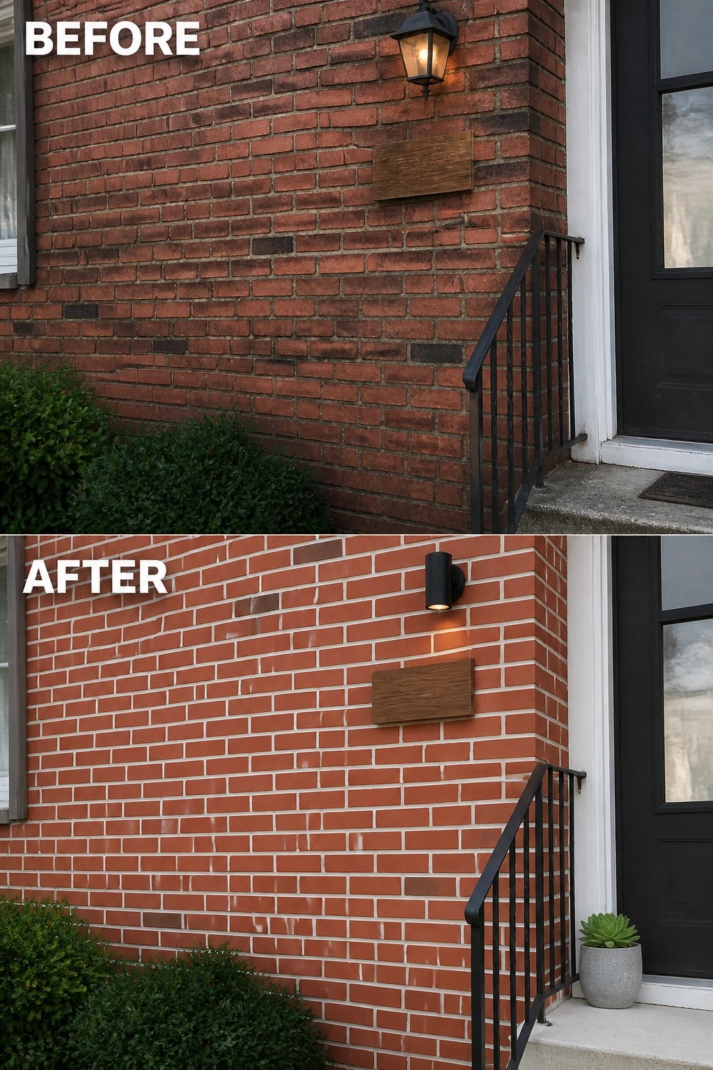 Split image: weathered dark brick with lantern becomes bright red brick with modern light