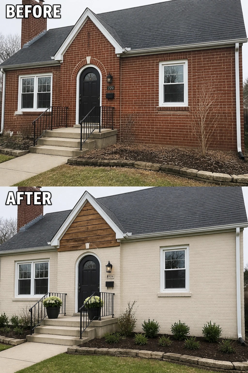 Before-and-after image of a red brick house updated by painting the brick a light color and adding a wood gable accent with new planters.