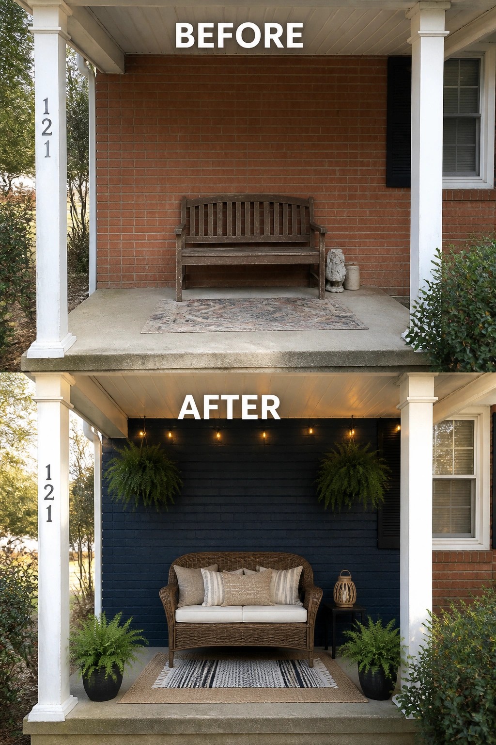 Before-and-after image of a bare front porch updated into a cozy covered seating area with a painted brick background, a wicker loveseat and rug, hanging plants, and string lights.