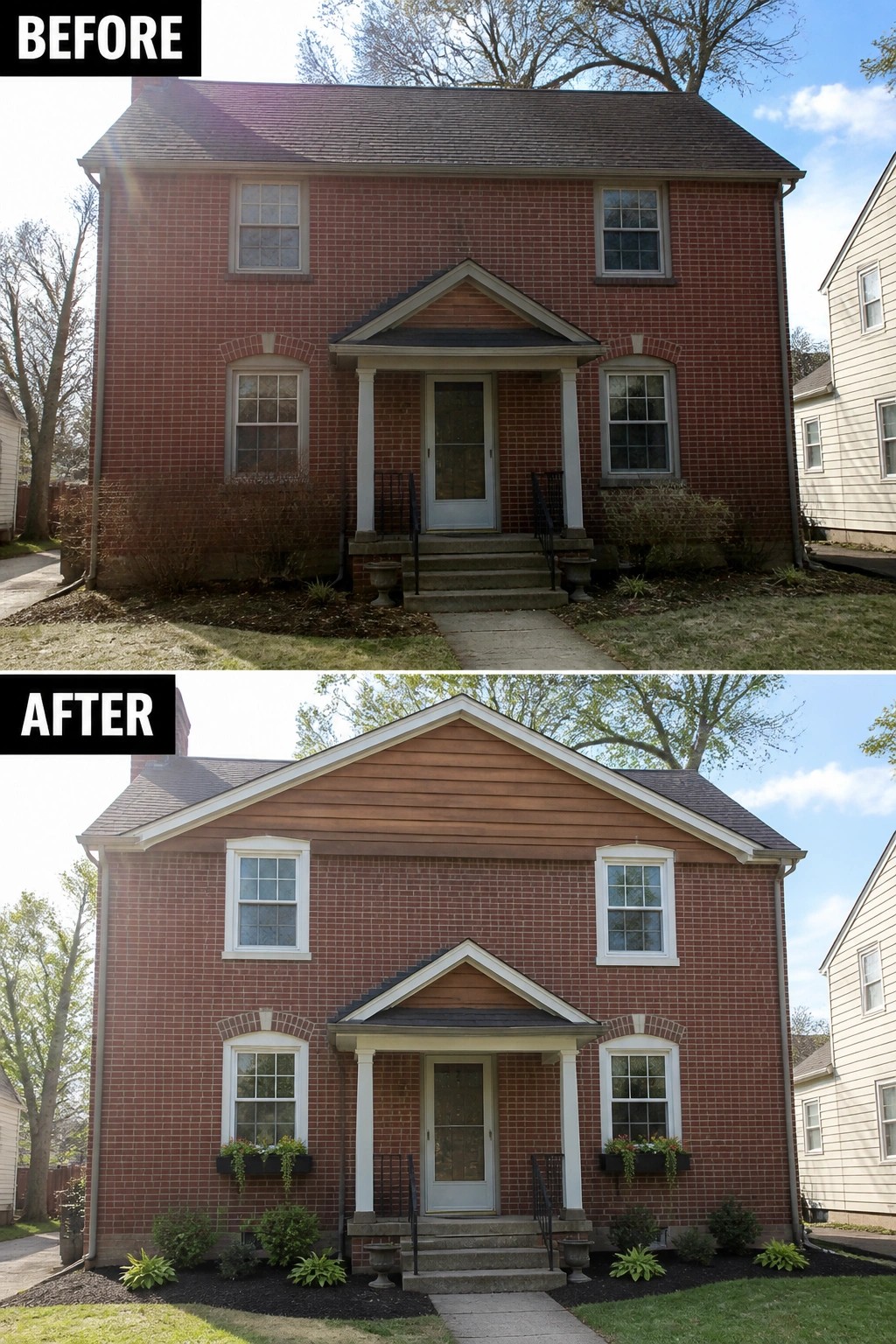 Before-and-after image of a red brick house updated by adding contrasting gable siding, fresh white trim, window boxes, and tidier planting beds.