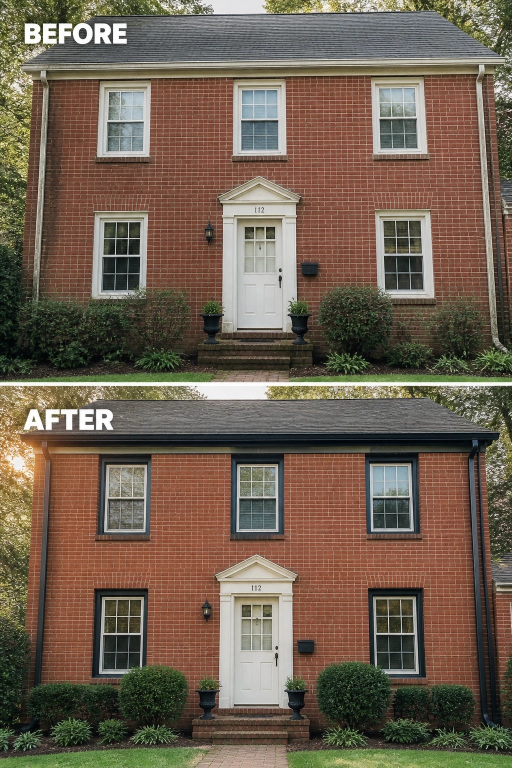 Before-and-after image of a red brick house updated with dark painted window trim and gutters and tidier, rounded shrubs and planters.