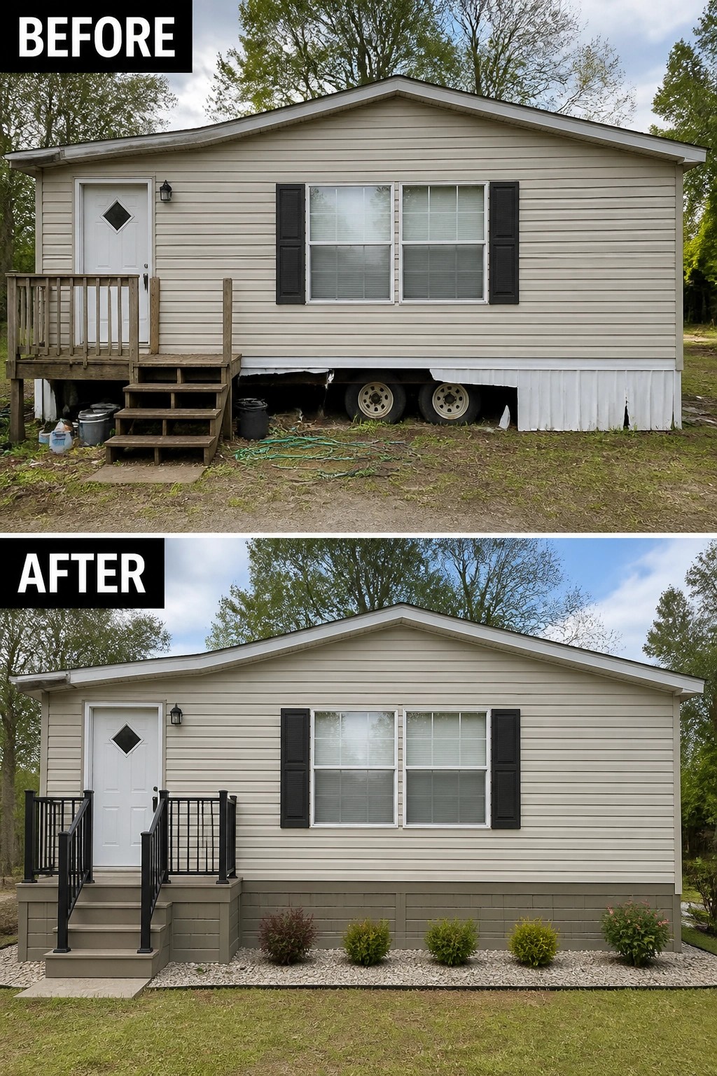 Before-and-after image of a mobile home updated by adding a small front porch with railings and installing solid skirting around the base.