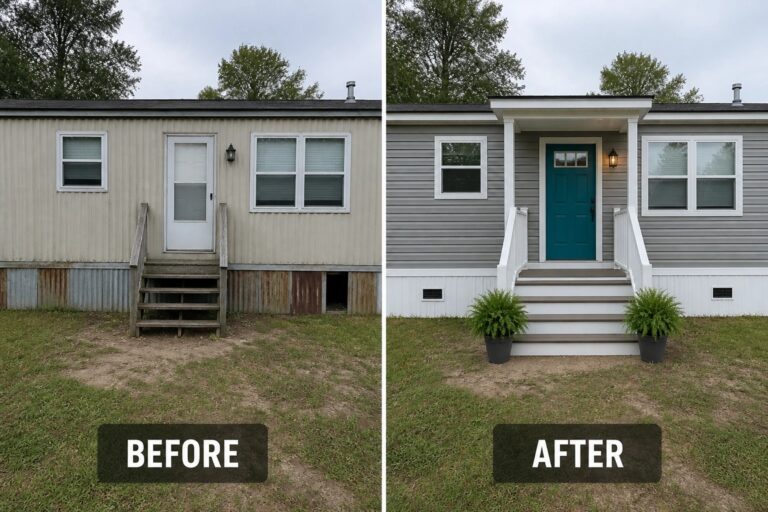 22 Beautiful Mobile Home Exterior Makeover Ideas With Porches and Skirting Before-and-after mobile home: dingy white trailer; renovated gray siding, teal door, white porch, ferns