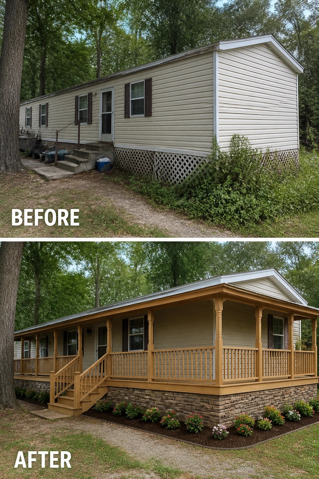 Before-and-after image of a plain mobile home updated with a covered wooden porch, steps, railing, stone skirting, and planted flower beds.