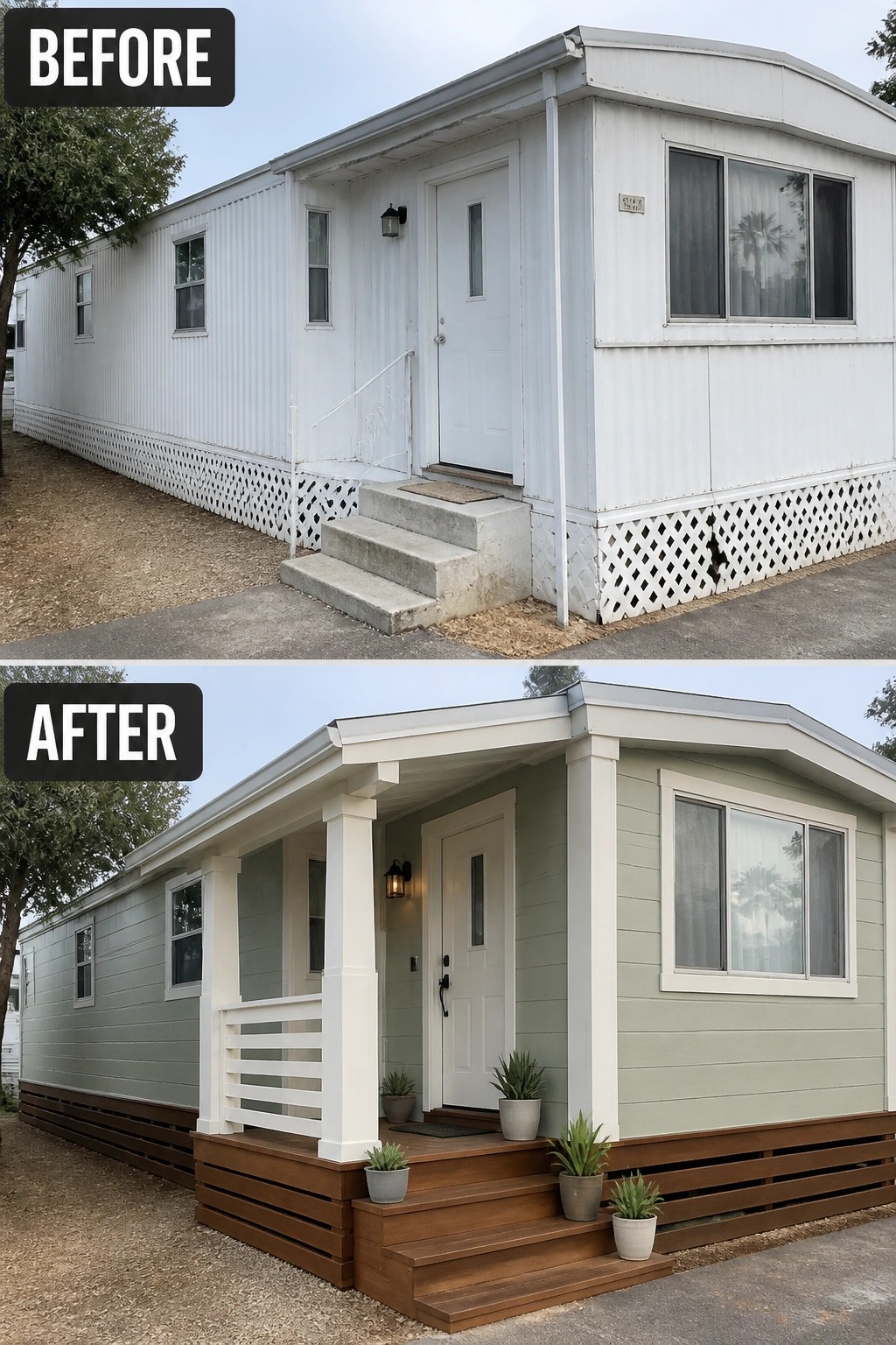 Before-and-after image of a mobile home exterior showing a plain entrance updated with a small covered porch, painted siding, and new wooden skirting and steps.