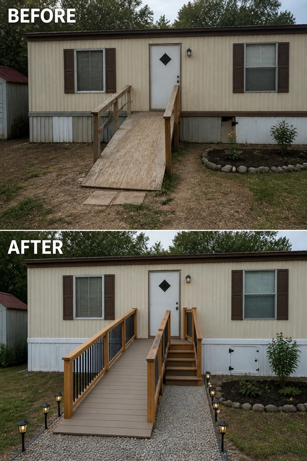 Before-and-after image of a mobile home entry where a rough wooden ramp is replaced by a finished ramp and short stair with railings, plus a gravel path and pathway lights.