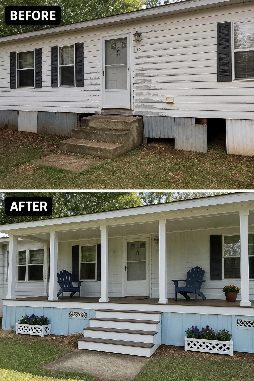 Before-and-after comparison: peeling white siding and concrete steps replaced by porch, blue skirting, chairs.