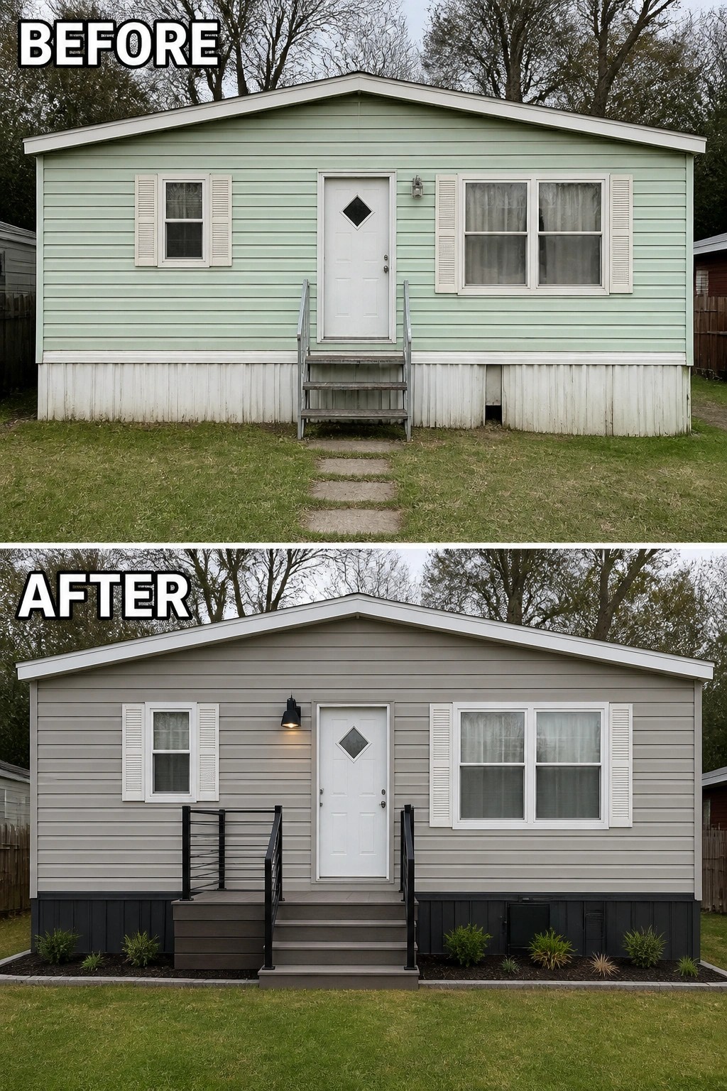 Before-and-after image of a mobile home entry updated from small metal steps to a wider porch landing with railings, dark skirting, exterior light, and planted beds.