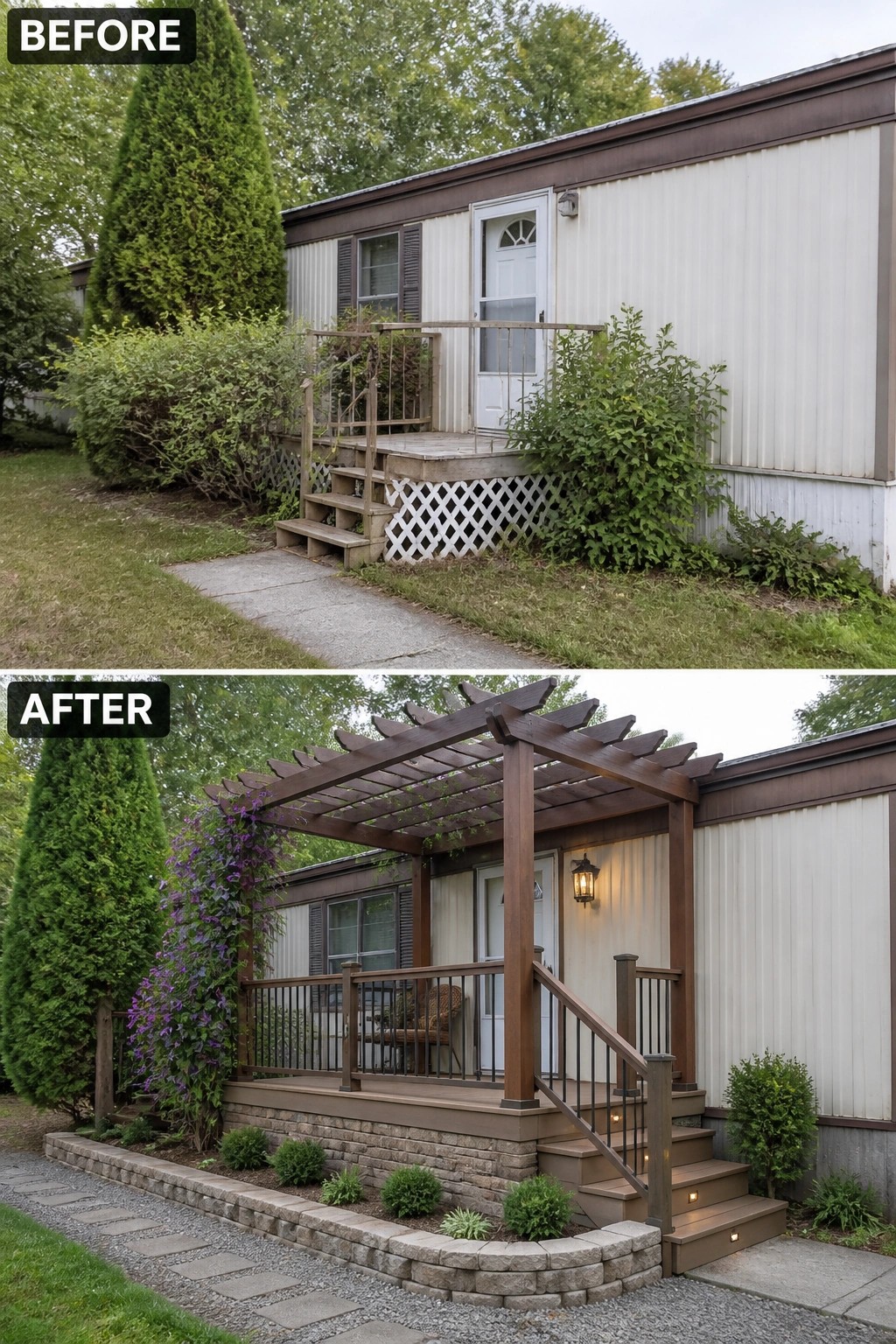 Mobile home entry transformed: worn steps replaced by wooden deck, pergola, stone wall, purple vine