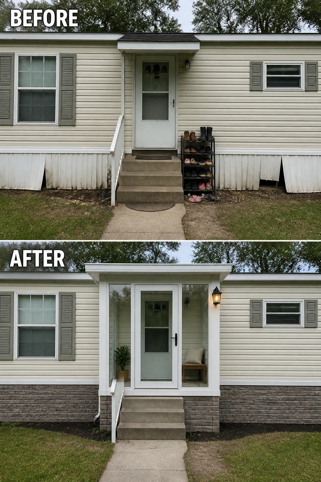 Before-and-after image of a mobile home front entry updated by enclosing the porch with glass panels, adding a light, a small chair and stone-look skirting.