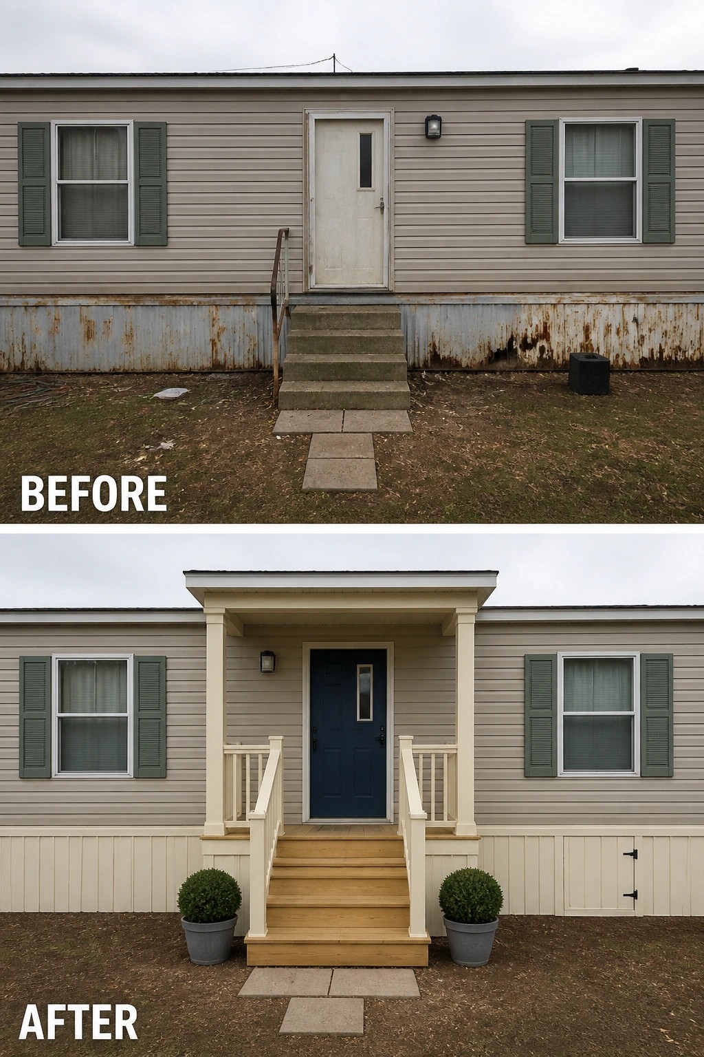 Before-and-after mobile home entry renovation: rusty skirting replaced, blue door, cream railings, potted shrubs.