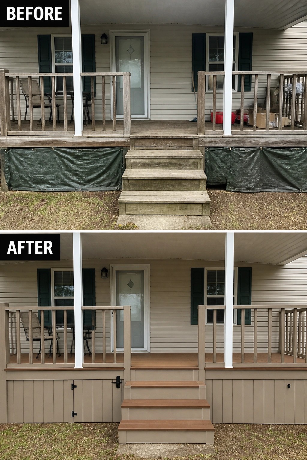 Before-and-after image of a mobile home porch updated from weathered boards and tarps under the deck to enclosed vertical skirting, new stair treads, and a finished deck surface.