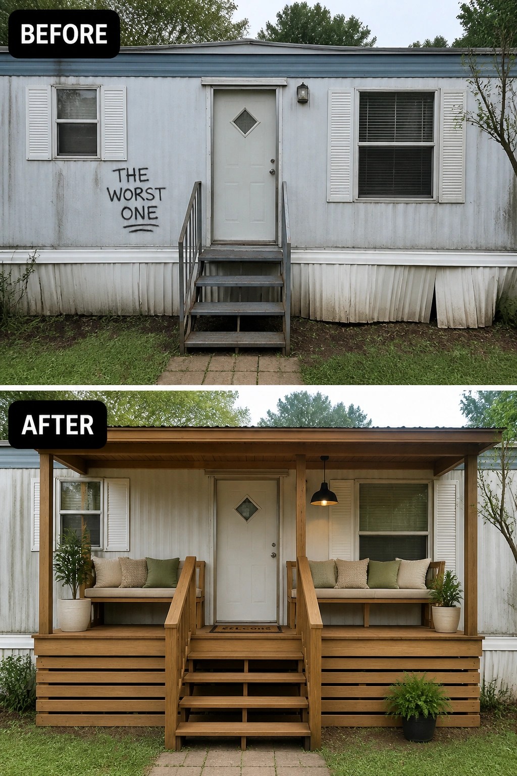 Before-and-after image of a plain mobile home front updated with a covered wooden porch, built-in bench seating, new steps, skirting, plants, and a hanging light.