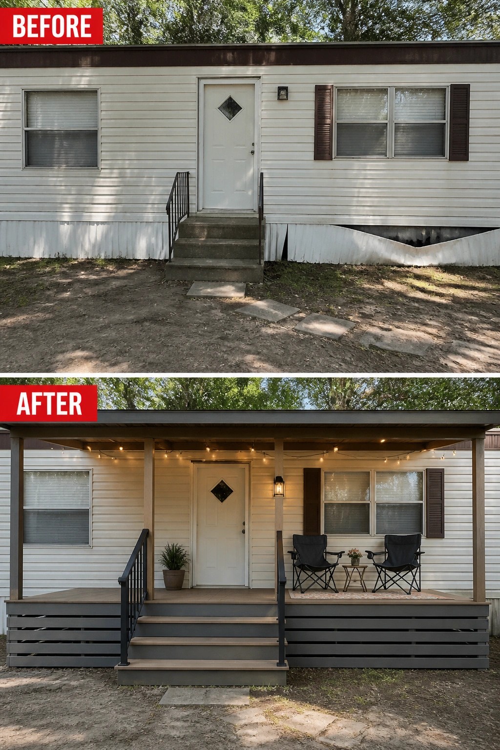 Before-and-after image of a mobile home front showing a plain stoop replaced by a shallow covered porch with steps, horizontal skirting, seating, and string lights.