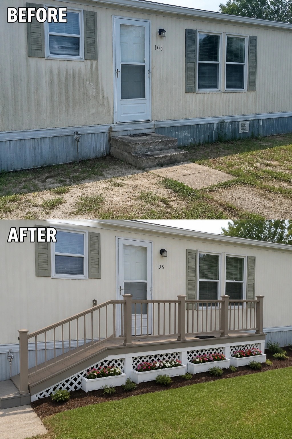 Before-and-after image of a mobile home entrance updated from crumbling concrete steps to a small raised porch with railing, lattice skirting