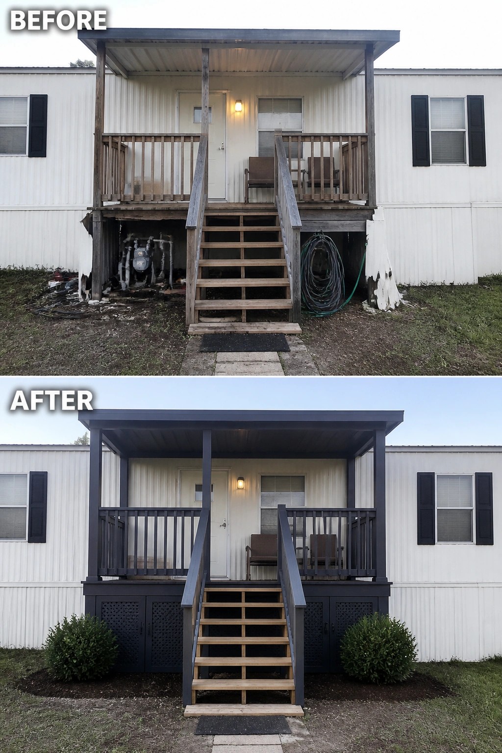 Before-and-after image of a mobile home front porch updated with painted posts and railings, added lattice skirting, and foundation shrubs.