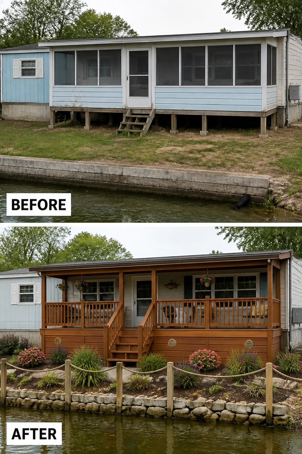 Before-and-after makeover image of a mobile home where a plain raised screened porch is replaced by a finished covered wooden porch with skirting, railings, stairs, and planted garden beds.