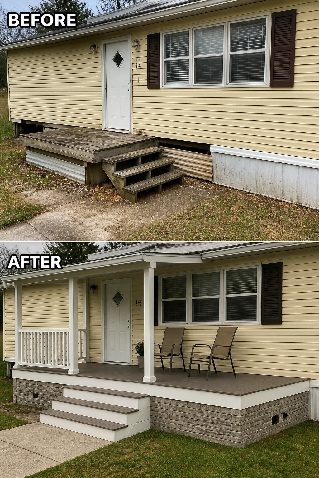 Before-and-after image of a small mobile-home entry updated from a rough wooden landing to a covered porch with columns, finished decking, steps, seating, and stone-look skirting.