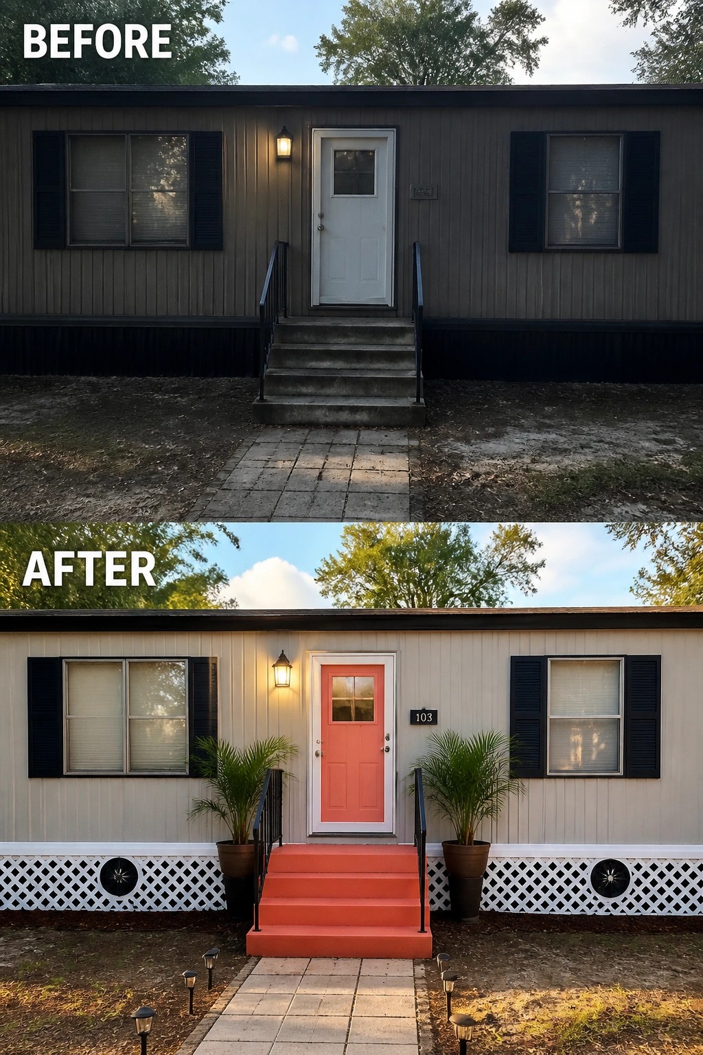 Before-and-after image of a mobile home front where a plain entry was updated with a painted door and steps, matching planters, a new porch light, and white lattice skirting.