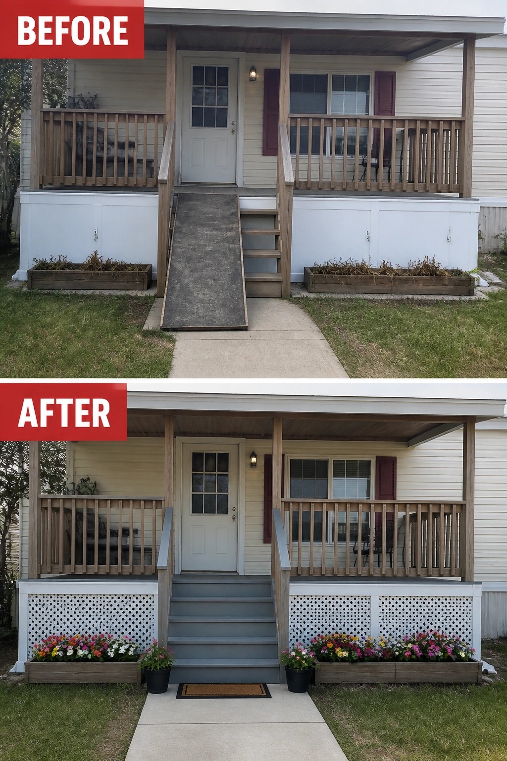 Before-and-after image of a mobile home front porch where a temporary ramp was replaced by painted steps and the open skirting was covered with white lattice panels and flower boxes.